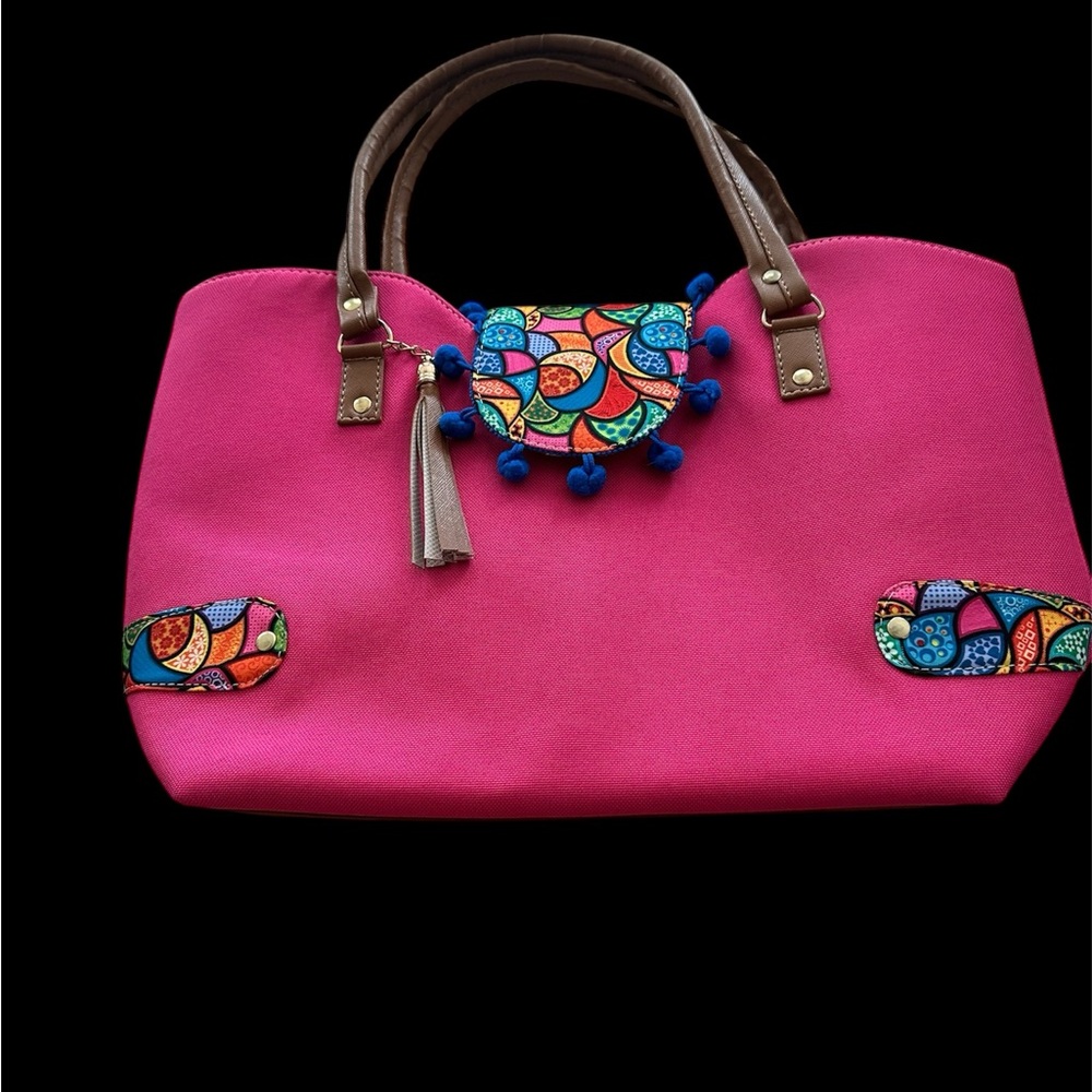 NWOT Vibrant Pink Tote Bag with Colorful Accents